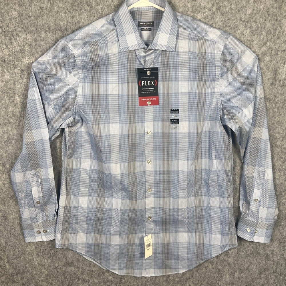 Van Heusen Flex Slim Fit Dress Shirt Men's 16 32/33 Blue‎ Grey Plaid Stretch NWT